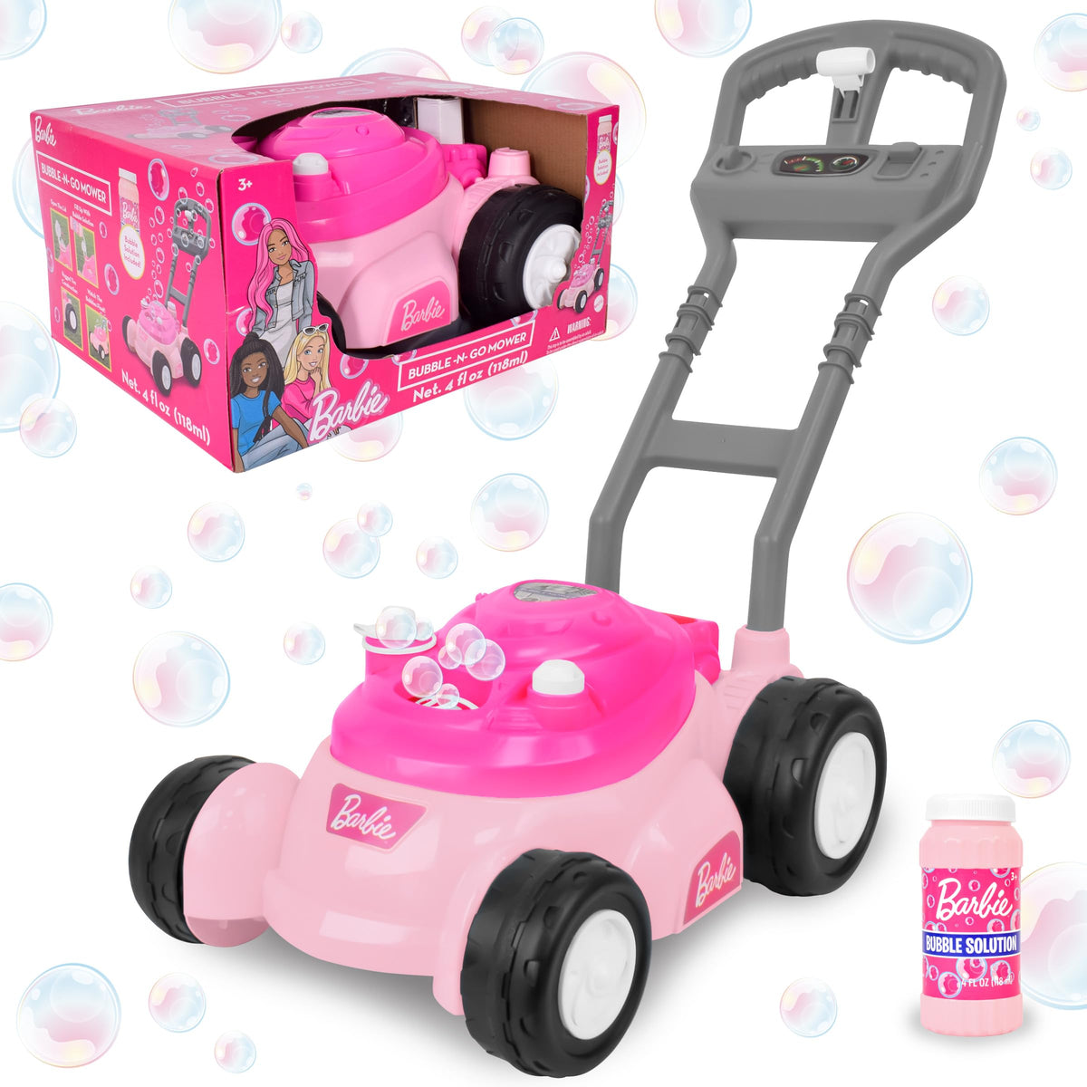 Barbie Bubble-Lawn Mower push action boosts outdoor pretend play for toddlers.