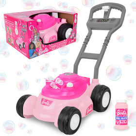 Barbie Bubble-Lawn Mower push action boosts outdoor pretend play for toddlers.