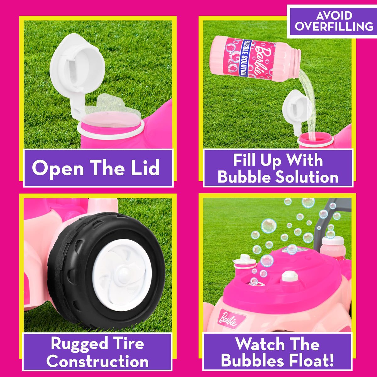 Barbie Bubble-N-Go Mower encourages active pushing and motor skills outdoors.