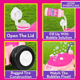 Barbie Bubble-N-Go Mower encourages active pushing and motor skills outdoors.