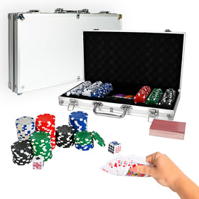 Sunny Days Elbow Room poker set with 300 chips in five colors, ideal for home games.