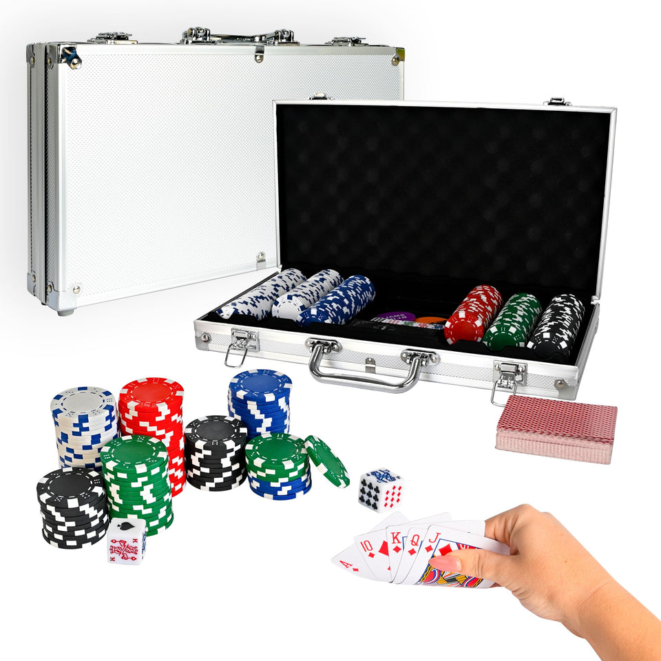 Sunny Days Elbow Room poker set with 300 chips in five colors, ideal for home games.