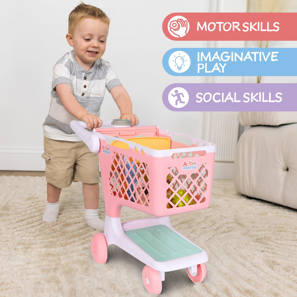 Sunny Days Entertainment cart in use — kid pushing cart for role-play at home.
