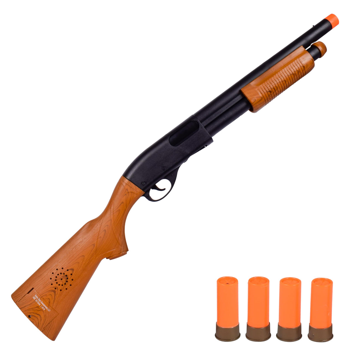 Sunny Days Entertainment pump action blaster with wood grain finish for immersive pretend play.