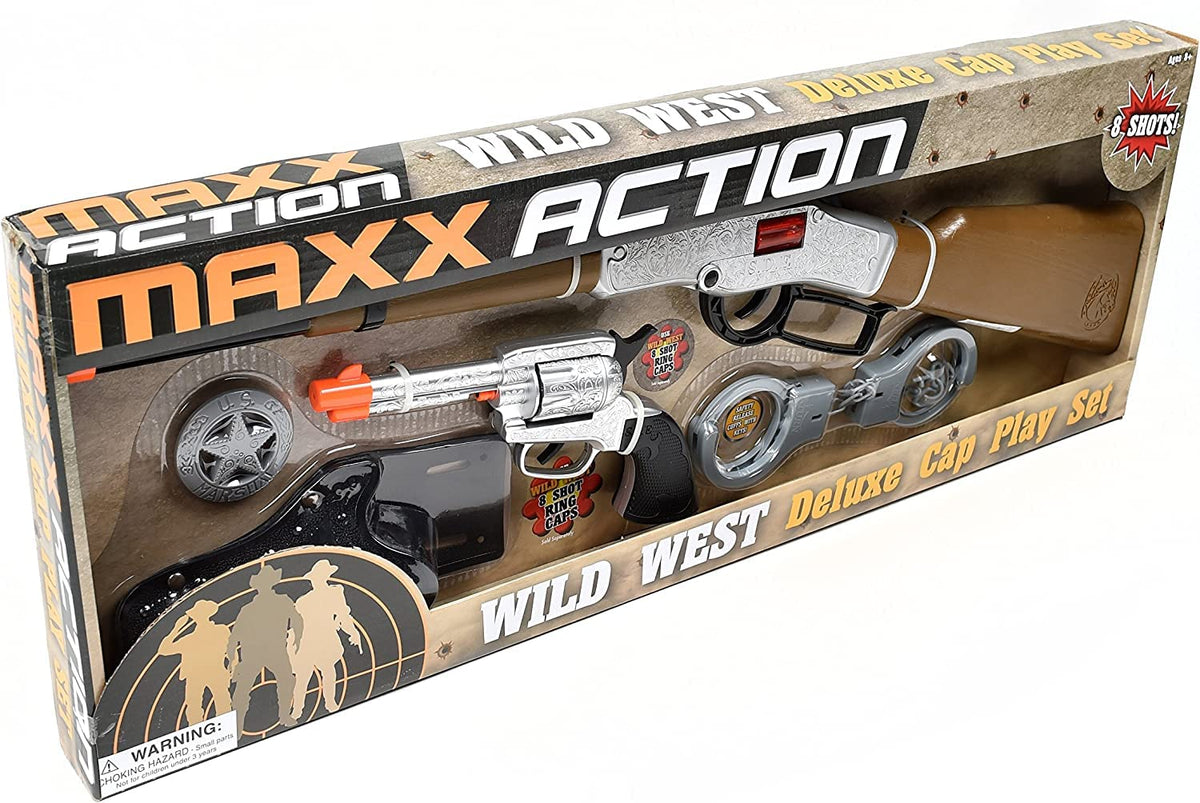 Sunny Days Maxx Action Western cap play gun rifle with safety features and action sounds.