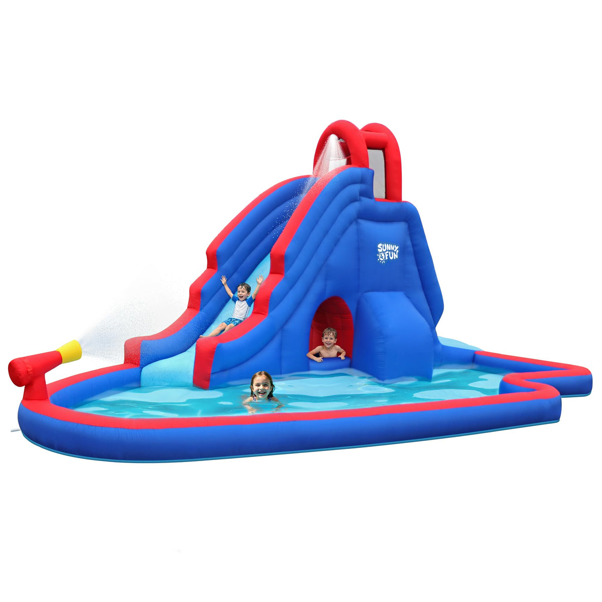 Sunny & Fun deluxe water slide park outer view shows a large backyard setup for kids.