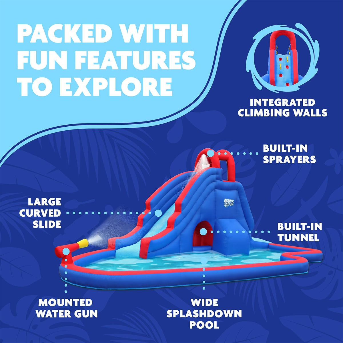 Sunny & Fun deluxe water slide park side view highlights durable construction and splash-ready design.