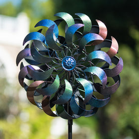 SunnyGarden wind spinner with crescent blades gradient for eye-catching garden decor.