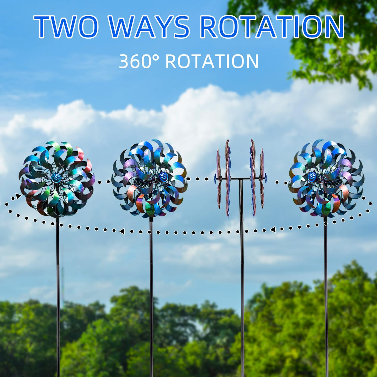 SunnyGarden windspinner weatherproof metal finish withstands sun, rain, and wind.