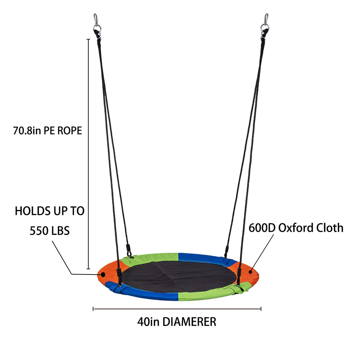 Sunnyglade carabiners securely attach the swing to the frame