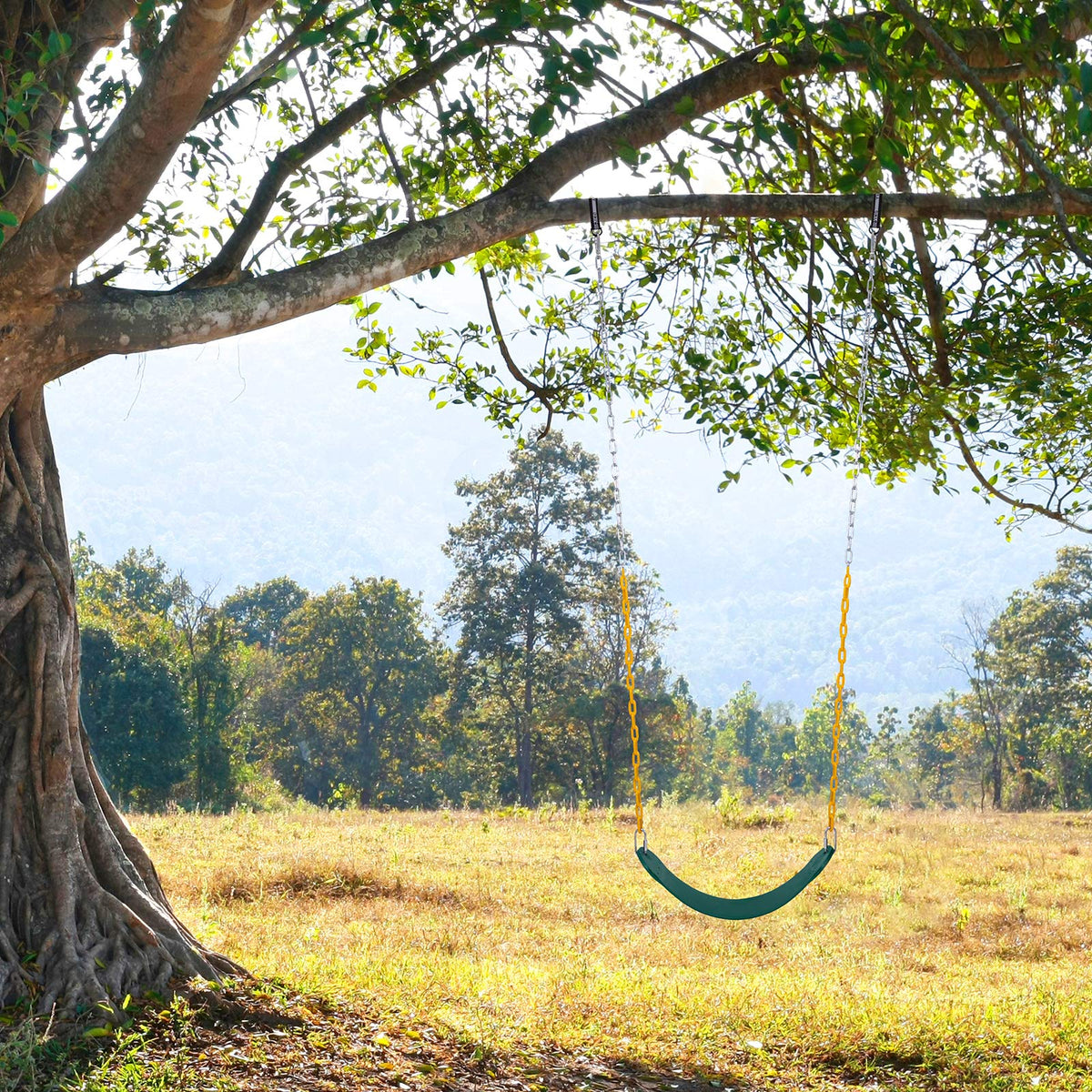 Sunnyglade green outdoor swing set attachment blending with lawn.