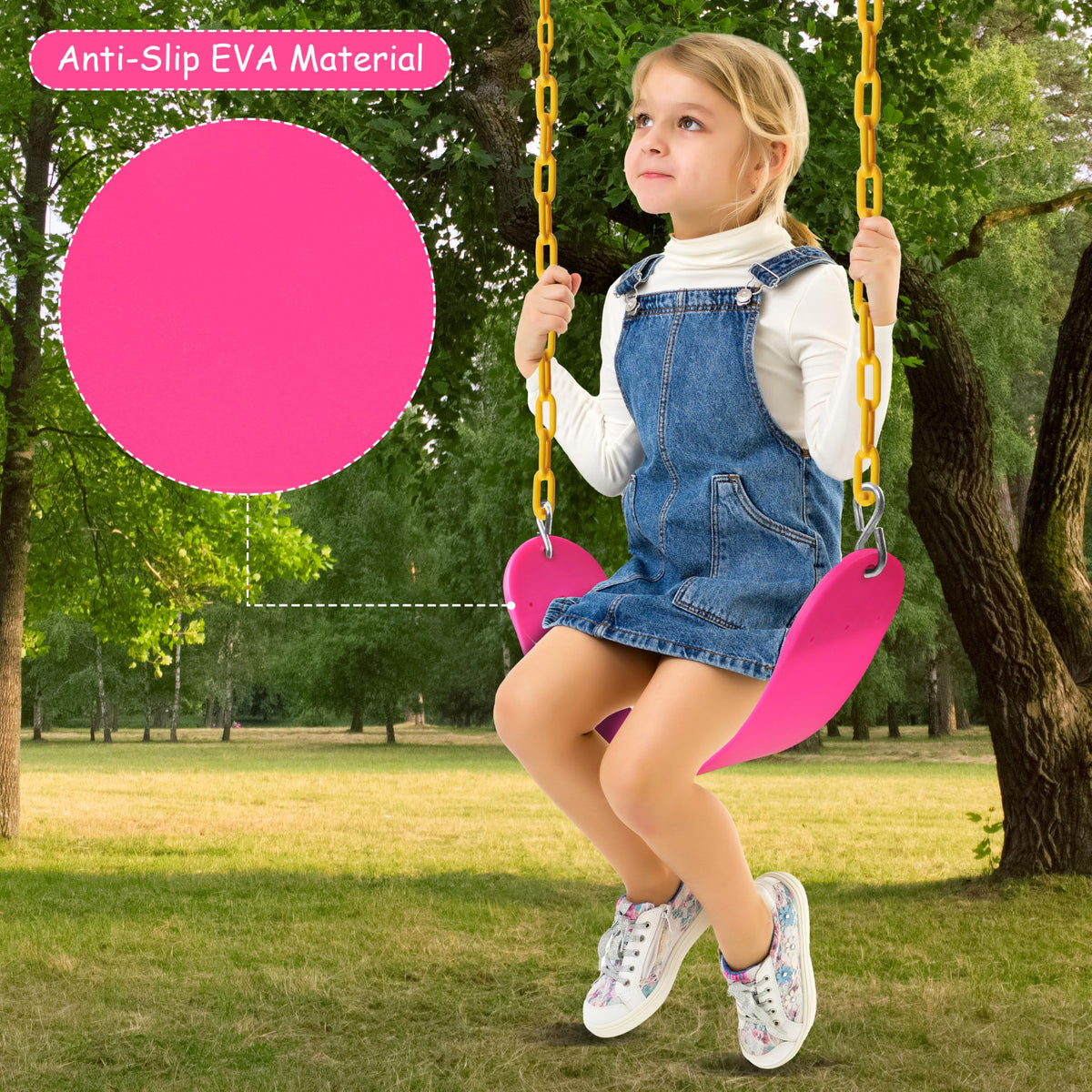 Sunnyglade thermoplastic-covered chains for safer touch during outdoor swinging.