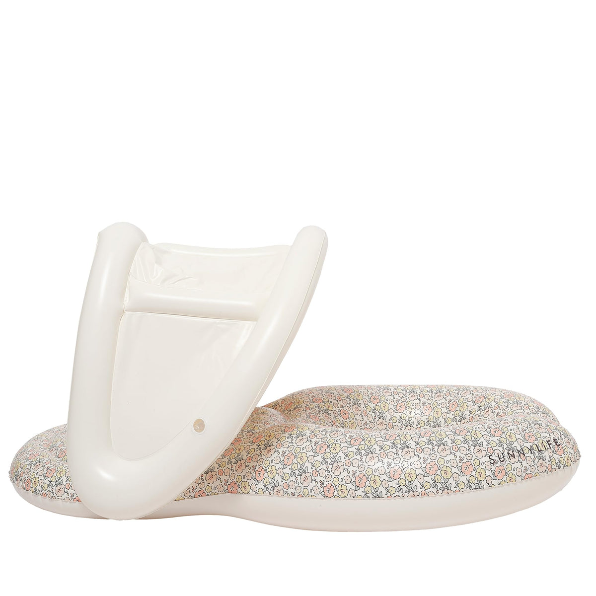 Sunnylife baby floaties feature an inflatable headrest for neck support and upright positioning.