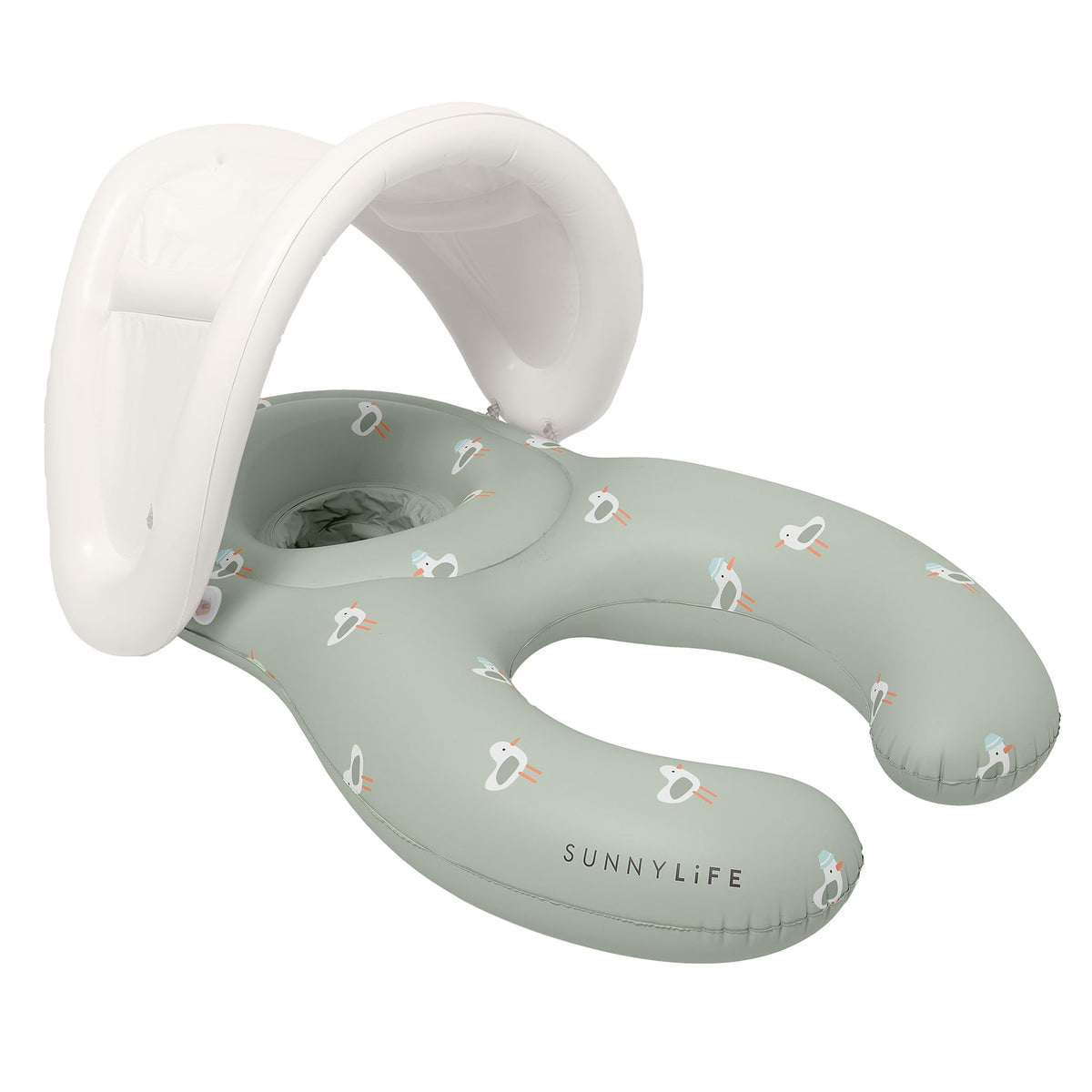SUNNYLiFE Float Together Sammy the Seagull Green full view shows upright baby seating for calm water play.