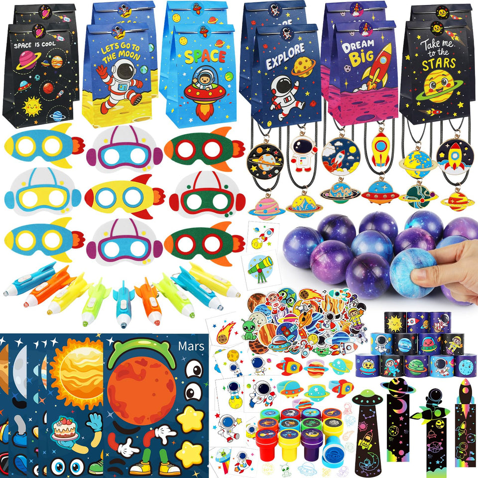 SunnyMemory Space party favors package showing the complete kit for effortless space-themed celebrations