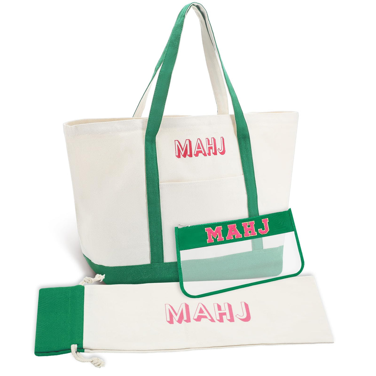 Sunnymove 3Pcs empty mahjong bag in green, front view for transporting a complete set