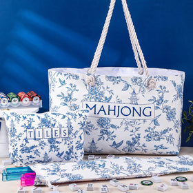 Sunnymove blue-and-white pattern tote blends style with mahjong storage.