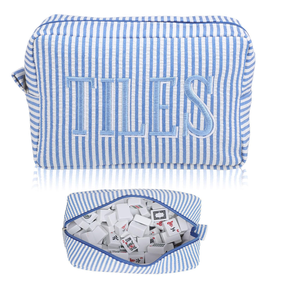 Sunnymove empty mahjong bag striped blue with spacious tile compartment for easy travel storage.
