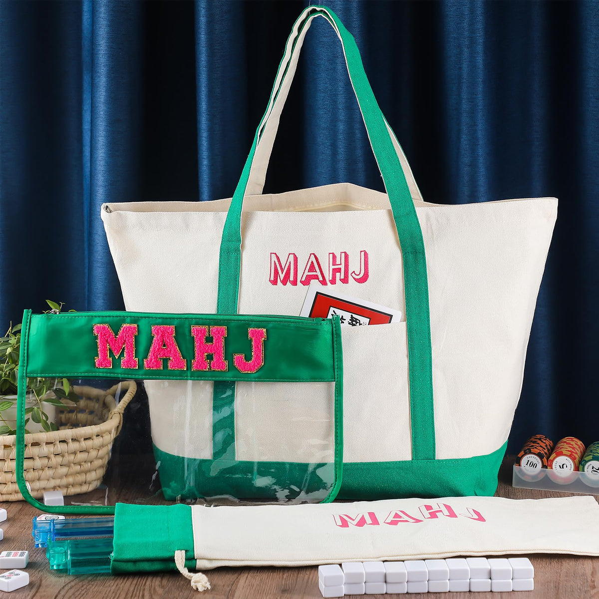 Sunnymove mahjong bag with zippered pocket green, keeps accessories organized