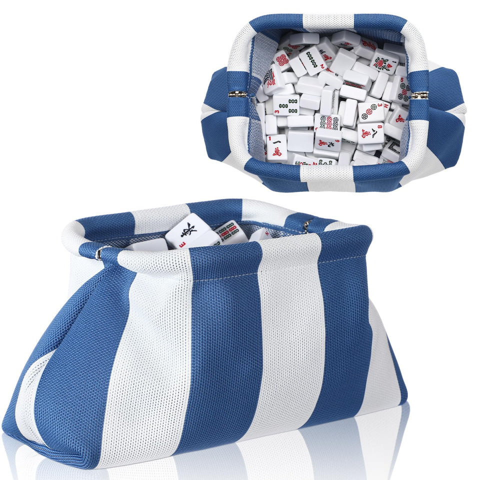 Sunnymove Mahjong Tile Bag in blue stripe, side view, ideal for portable tile transport.