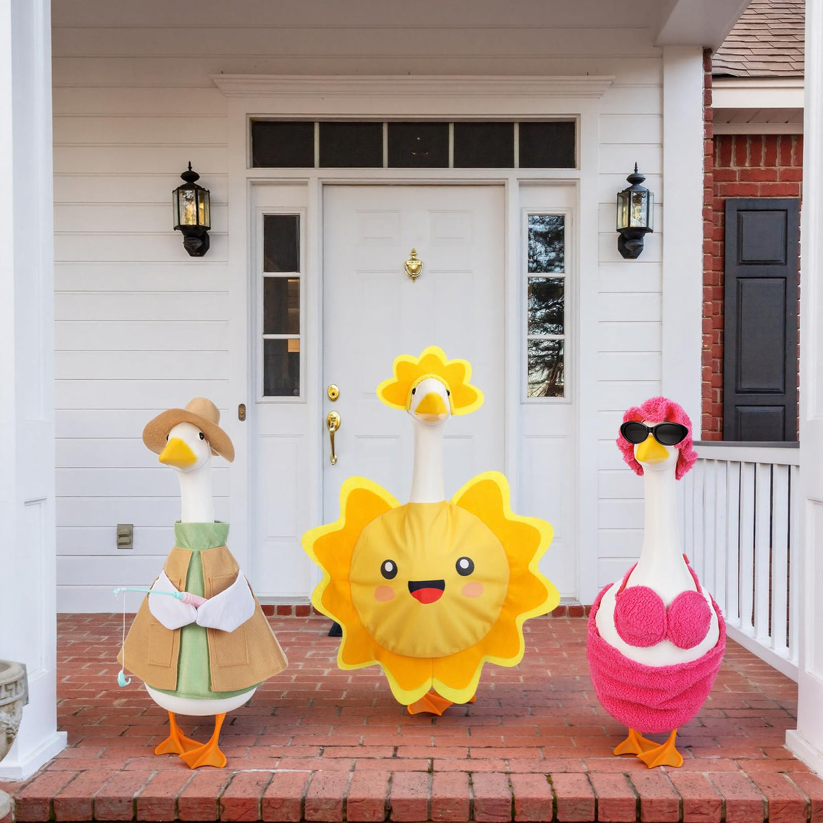 Sunnymove sunhat and sunglasses outfit on goose statue for sunny porch scenes