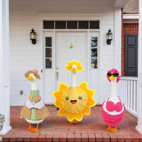 Sunnymove sunhat and sunglasses outfit on goose statue for sunny porch scenes