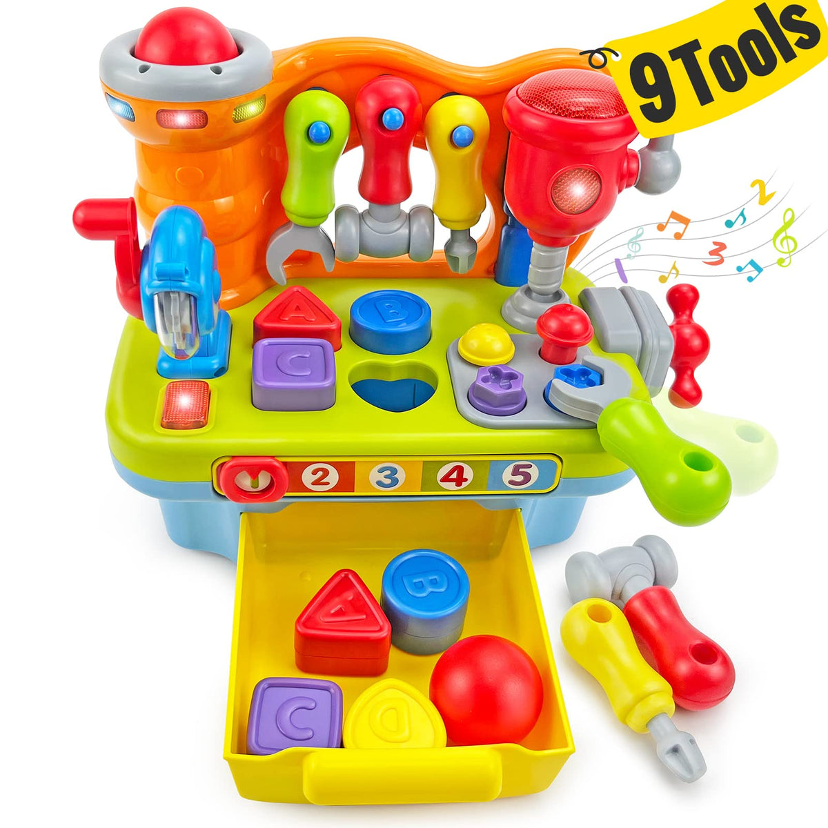 SunnyPal 9-in-1 workbench with hammer and screws promotes fine motor skills and pretend tool play.