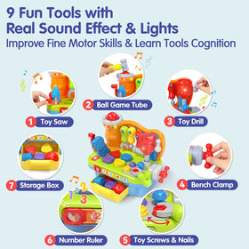 SunnyPal 9-in-1 workbench with saw and drill enhances hand-eye coordination through imaginative building.