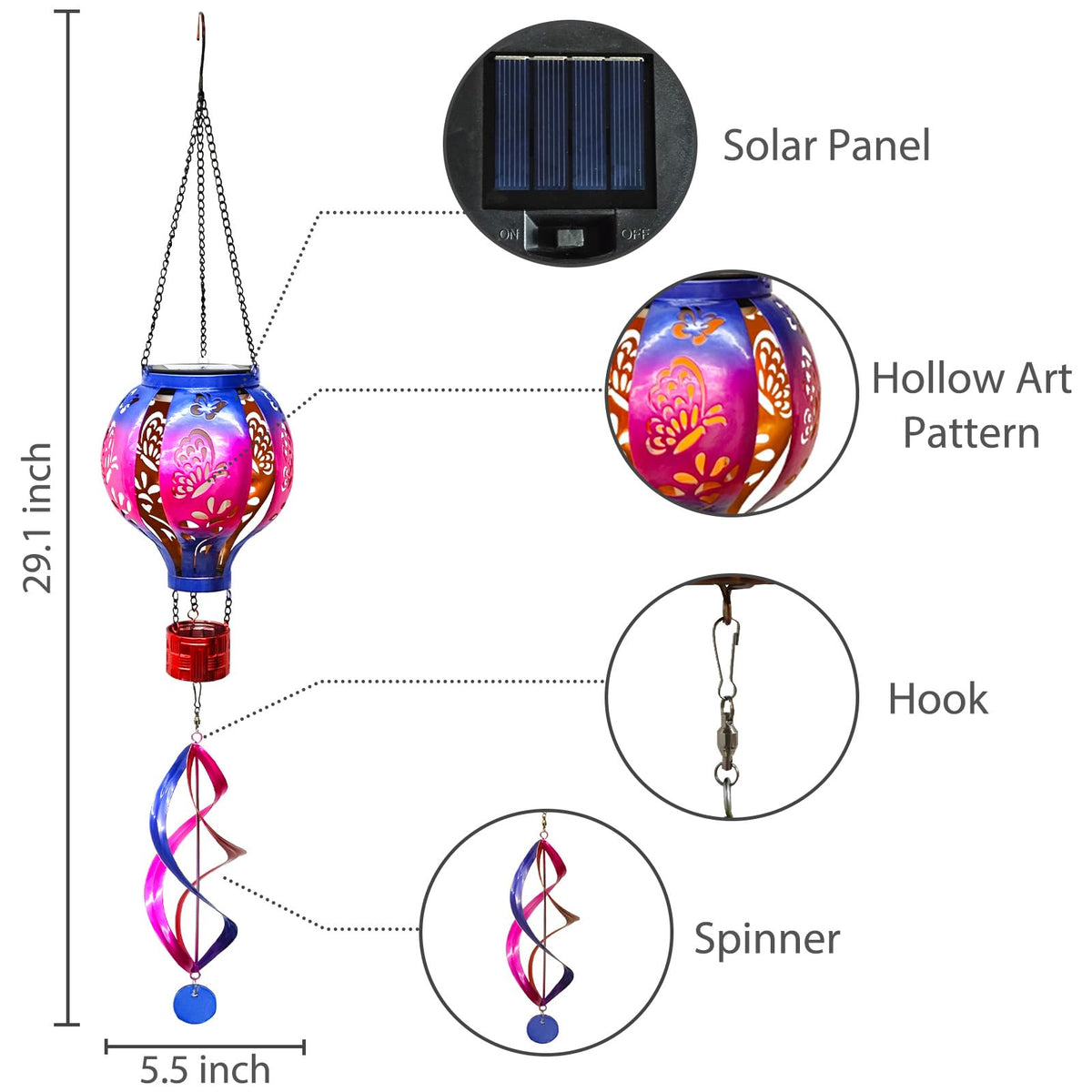 SUNNYPARK hummingbird spinner adds vivid gradient colors to garden.