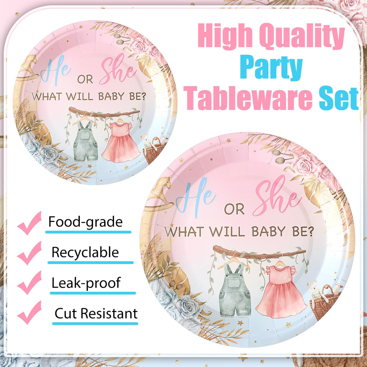 Sunnyray boho gender reveal napkins, coordinating decor and quick cleanup.