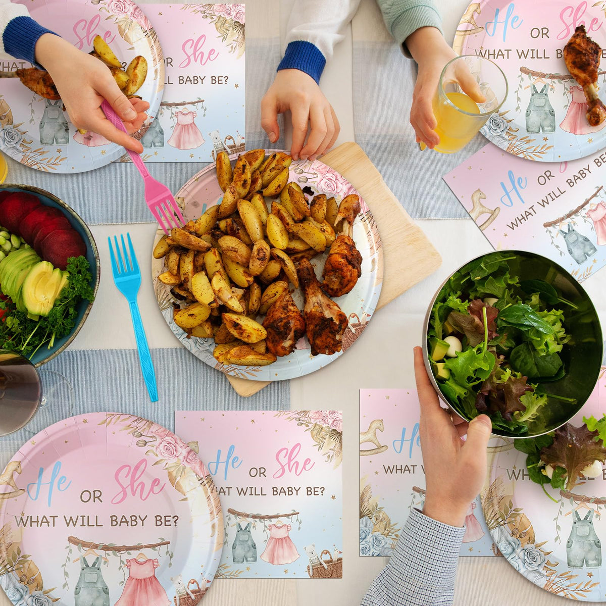 Sunnyray boho patterns with leaves motif enhance the gender reveal theme.