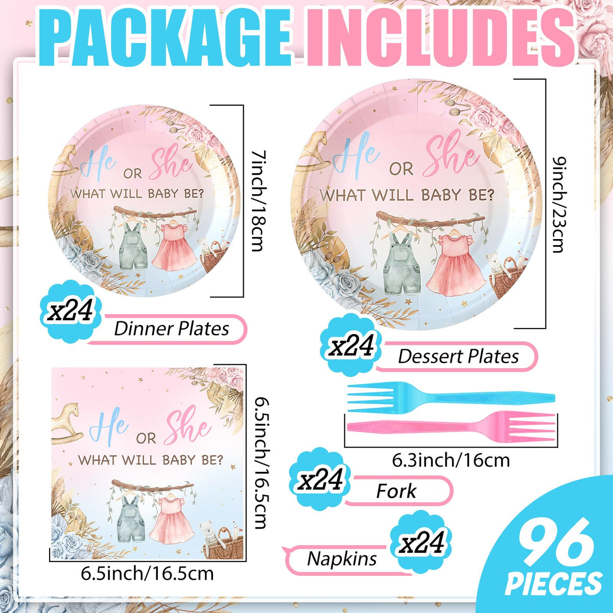 Sunnyray boho gender reveal 7-inch plates, ideal for dessert and quick service.