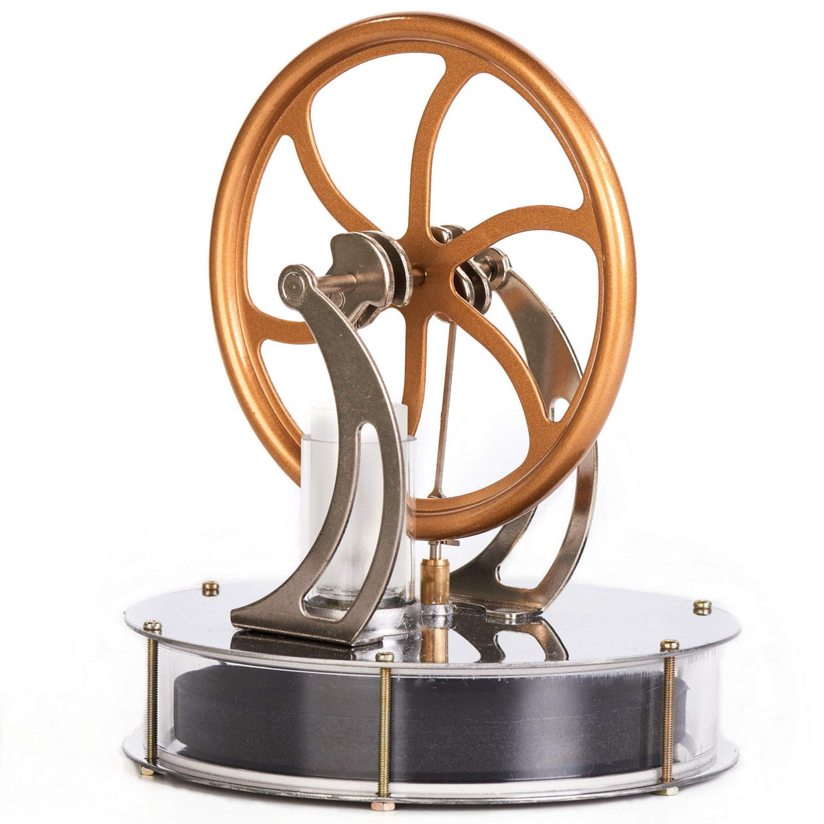 Sunnytech LT001 Stirling engine on a mirror base demonstrates precise energy conversion.
