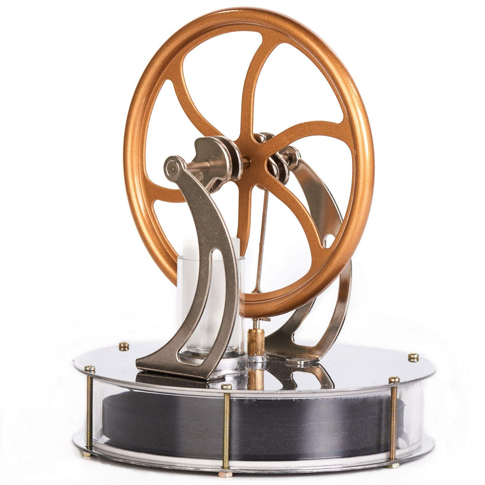 Sunnytech LT001 Stirling engine on a mirror base demonstrates precise energy conversion.