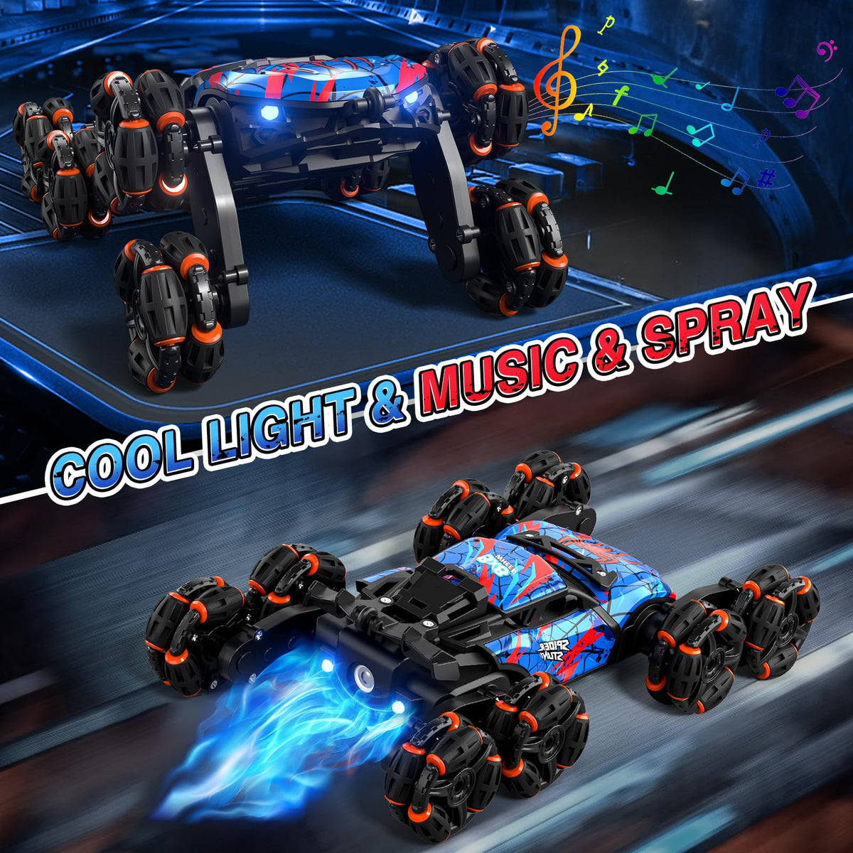 Sunrad 8WD gesture RC car stunt action with 360° rotations.