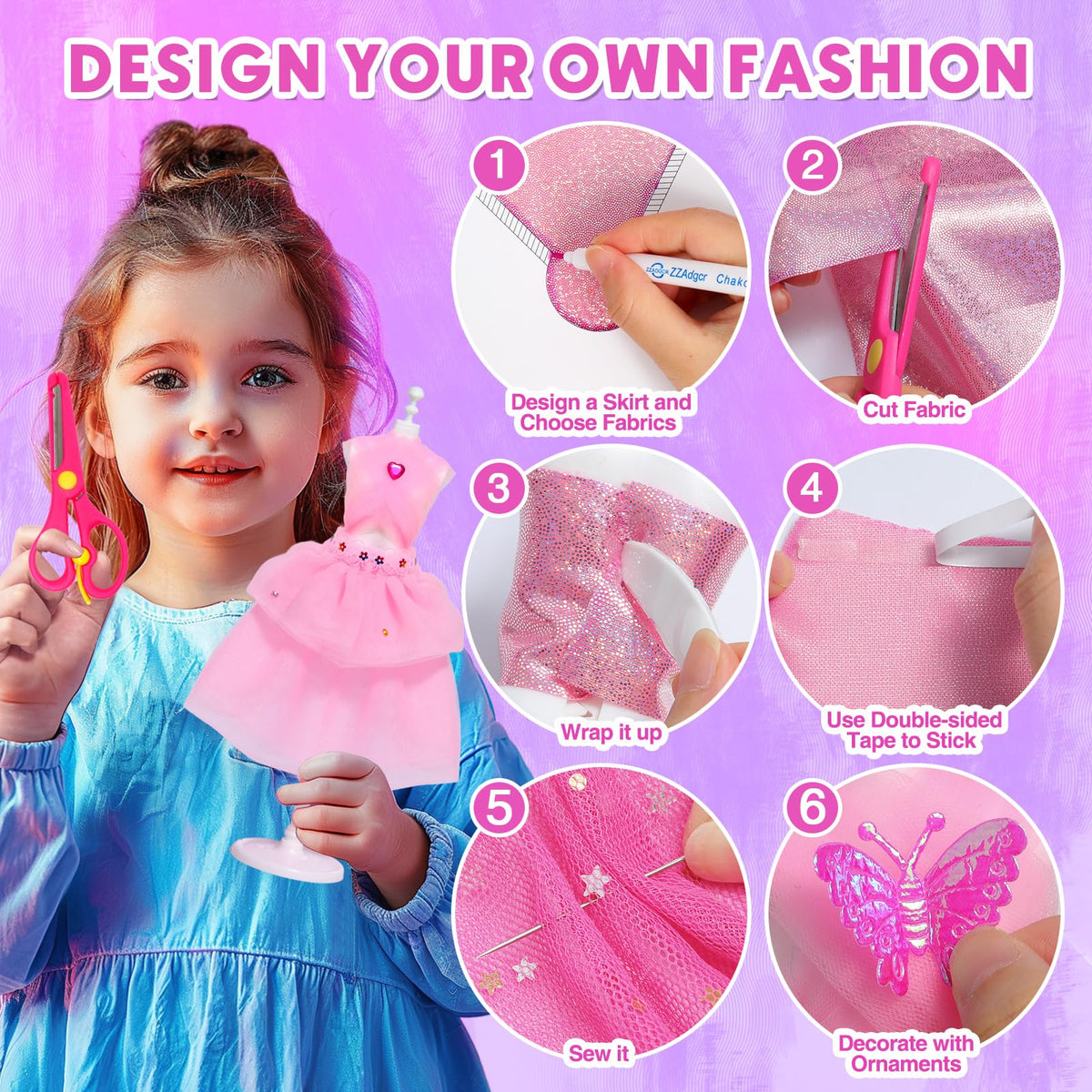 Sunrad kit in use helping kids craft stylish doll outfits step by step.