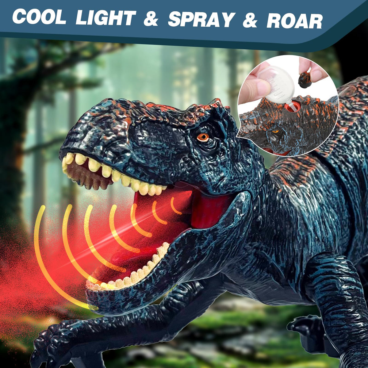 Sunrad RC dinosaur spray and lights create dramatic visual effects during play.