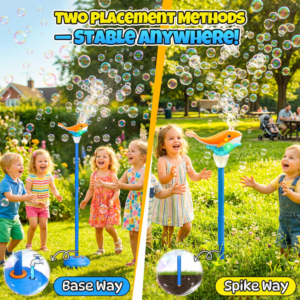 SunRiMax base placement keeps the bubble fountain steady on flat ground.
