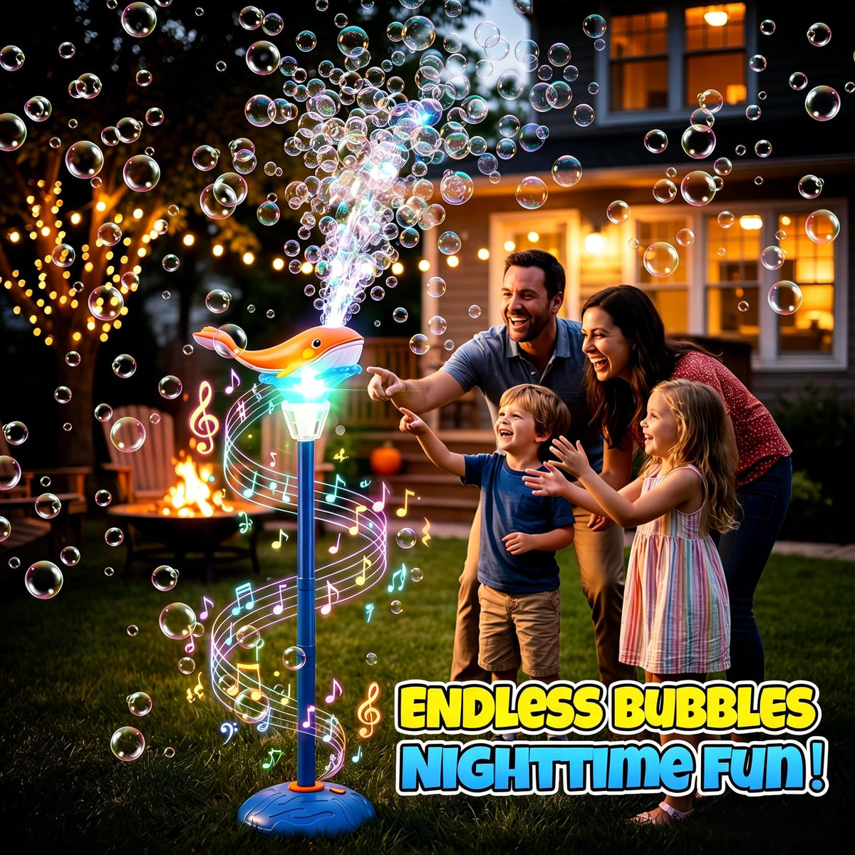 SunRiMax bubble fountain pouring wide bubbles ideal for backyard parties.