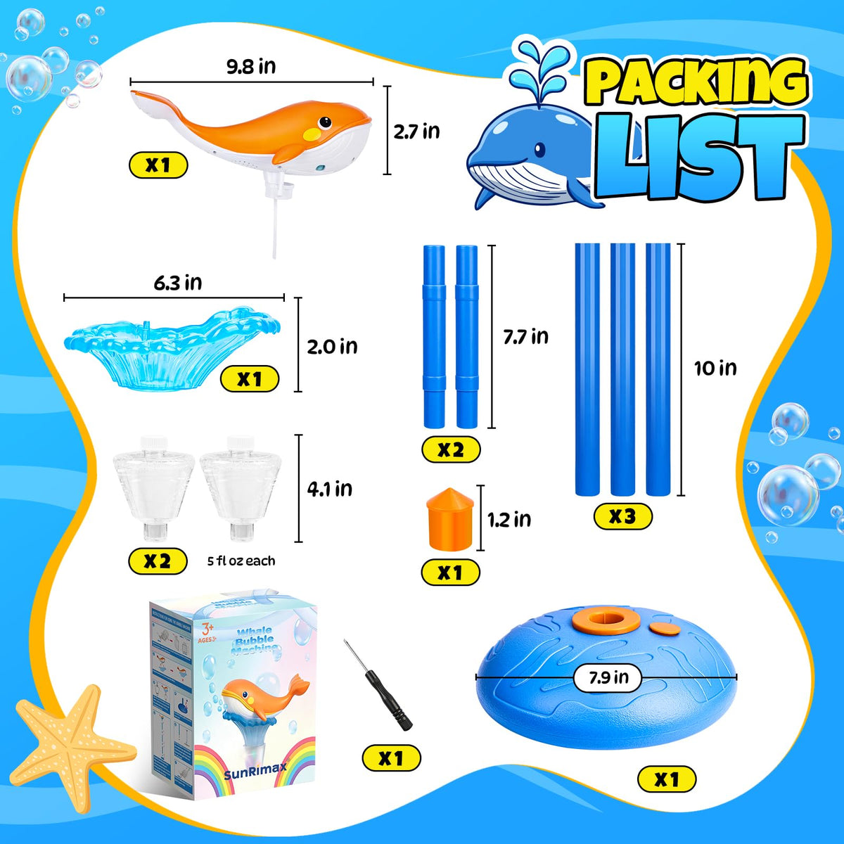 SunRiMax bubble-solution bottles included for immediate family play sessions.