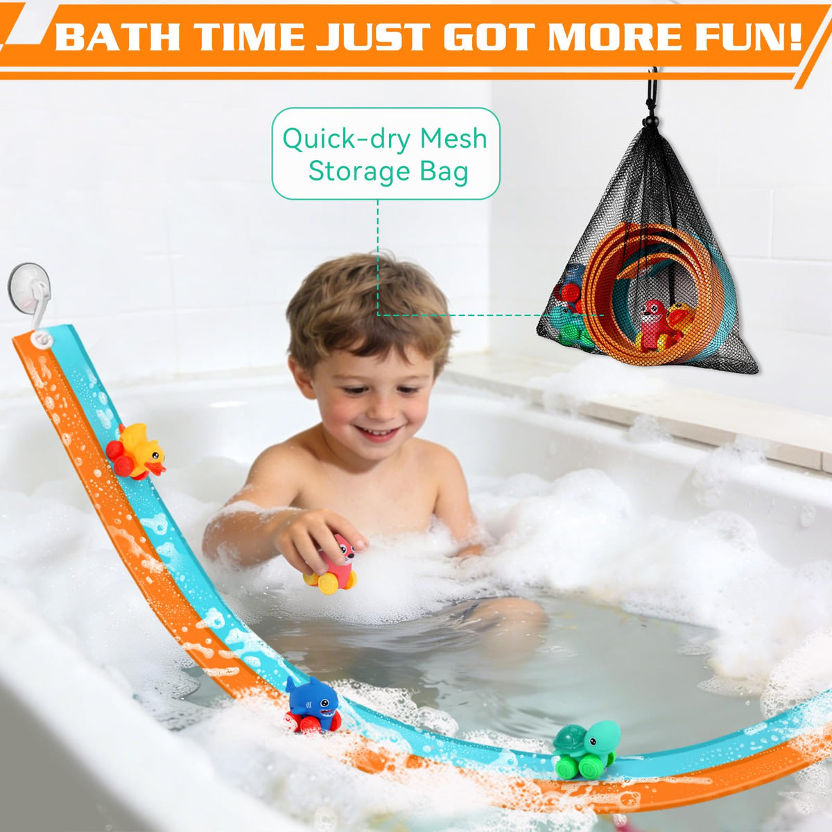 SunRiMax mesh storage bag keeping bath toys organized after play