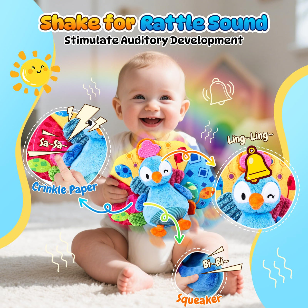 SunRiMax peacock wings with crinkle sound for sensory exploration.
