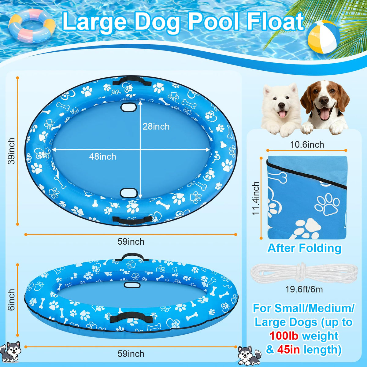 Sunwinx dog pool float 59x39 inches supports dogs up to 100 lbs safely.