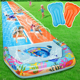 Suonncudst 40ft double-slip slide offers spacious backyard fun for kids and adults