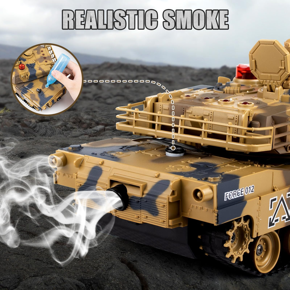 Supdex 1/24 RC Tank battle action captures firing and recoil during pretend combat.