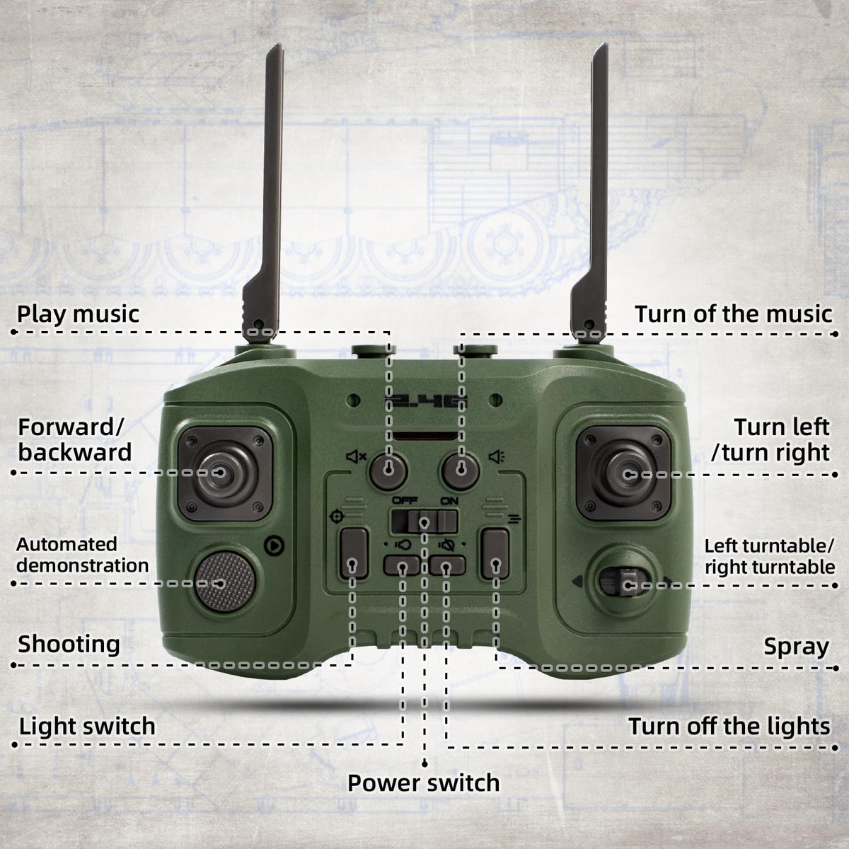 Supdex 1:24 RC Tank double-battery-pack image, promises longer play sessions.