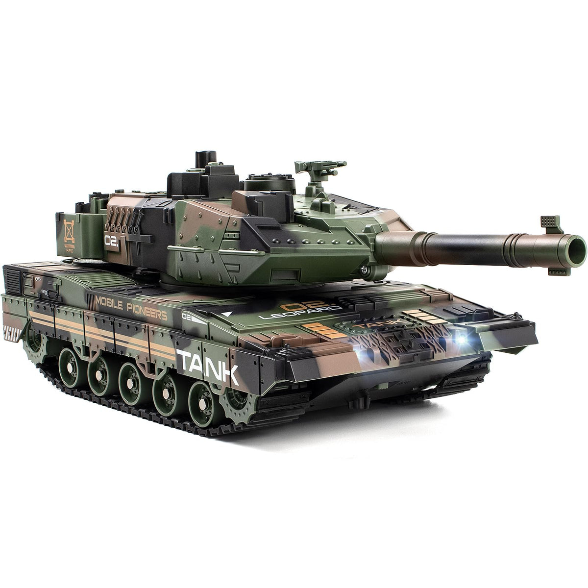 Supdex 1:24 RC Tank front view, rugged build for immersive battlefield play.