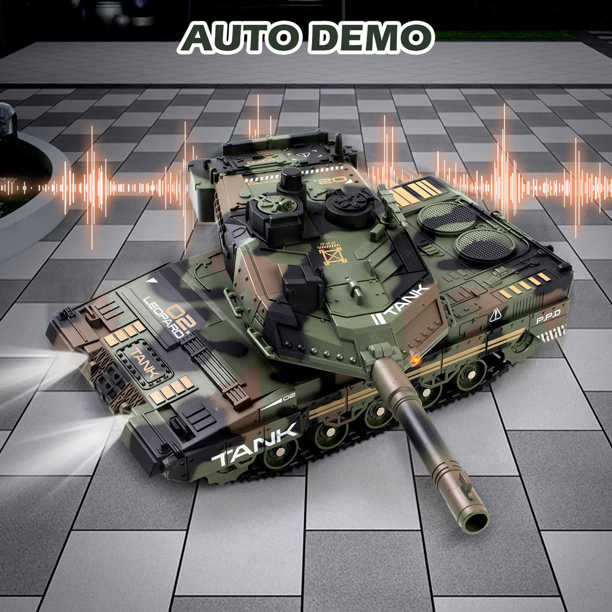 Supdex 1:24 RC Tank smoke-sound-light features illustrate multisensory play.