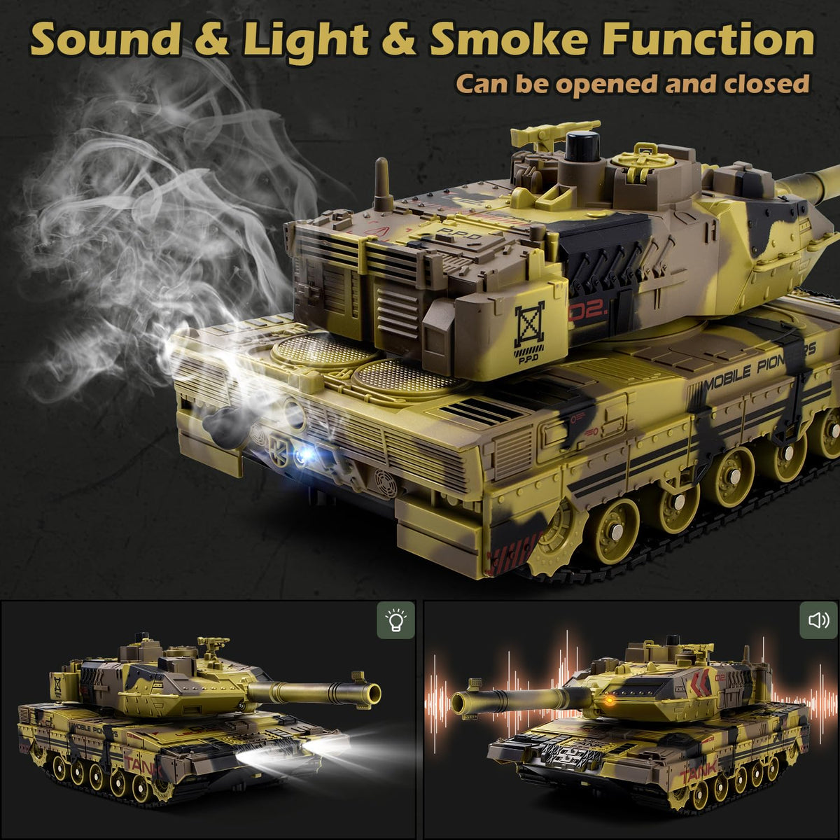 Supdex RC Tank emits smoke and engine sounds for authentic battle ambience