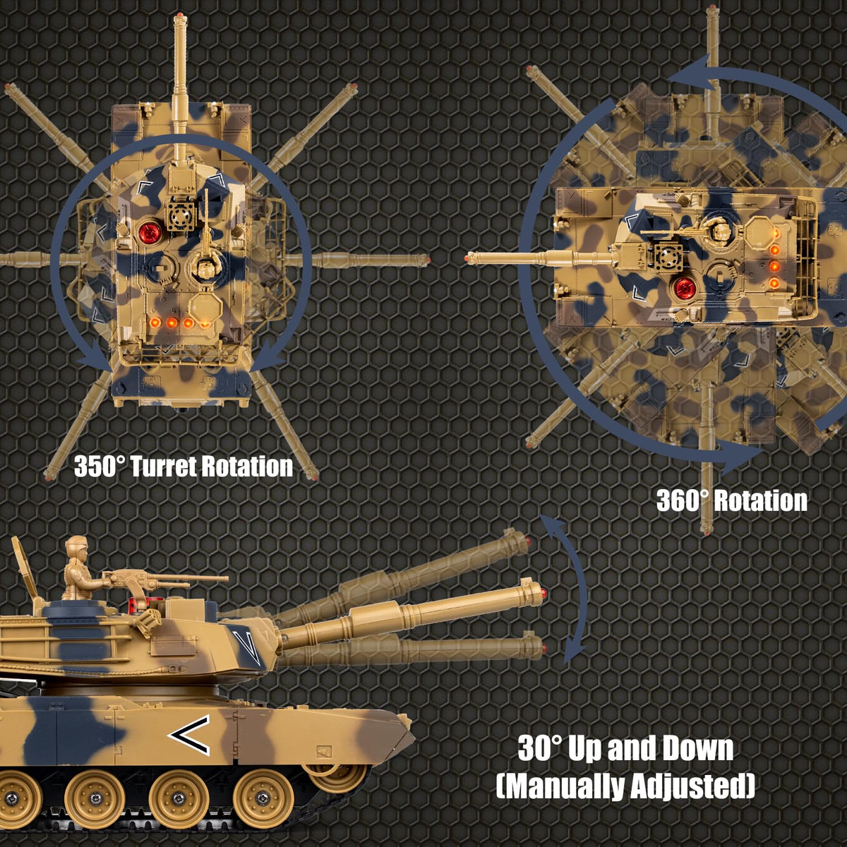 Supdex 1/24 RC Tank turret rotation enables dynamic aiming during play.